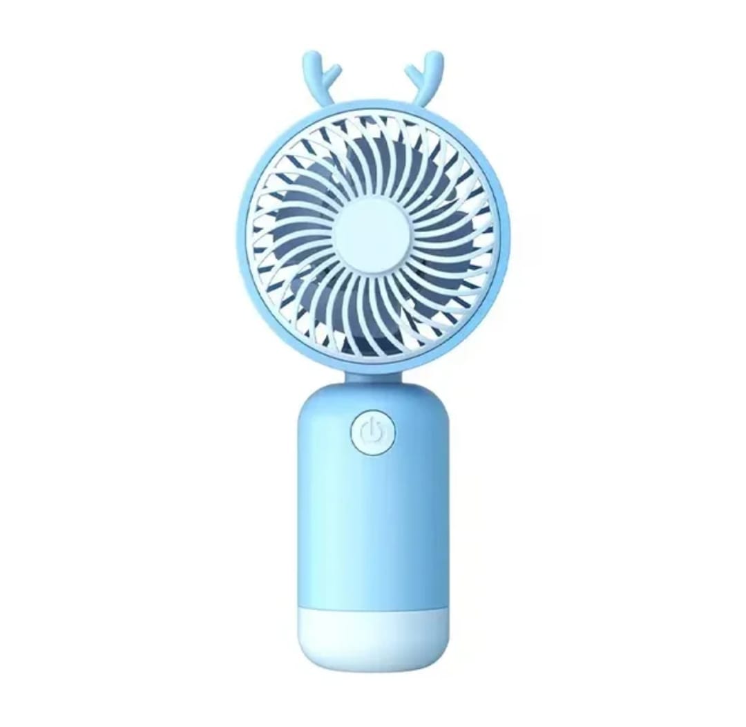 A mini blue fan. Its standing upright