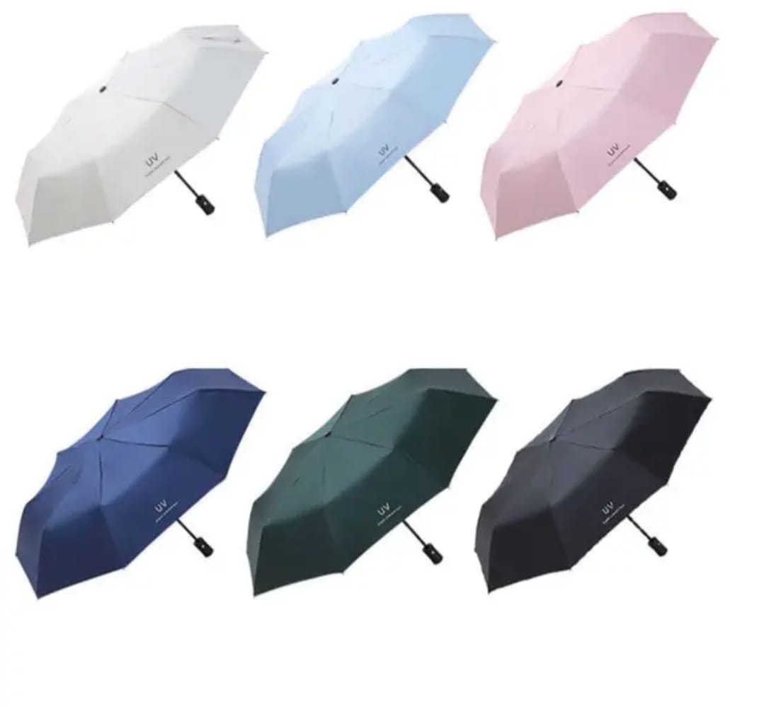 A photo of a variety of umbrellas in different colours. At the top, left hand corner you have white, baby blue, baby pink, navy blue, olive green and black. 