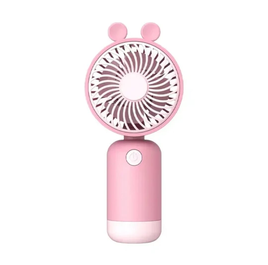 A mini pink fan. Its standing upright