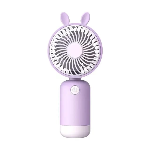 A mini purple fan. Its standing upright